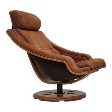 1980s, Swedish swivel armchair, nubuck leather, canvas, bent beech wood.