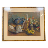 Grease pencil painting of objects on a flowery entablature