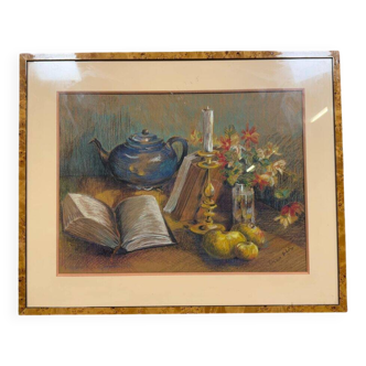 Grease pencil painting of objects on a flowery entablature