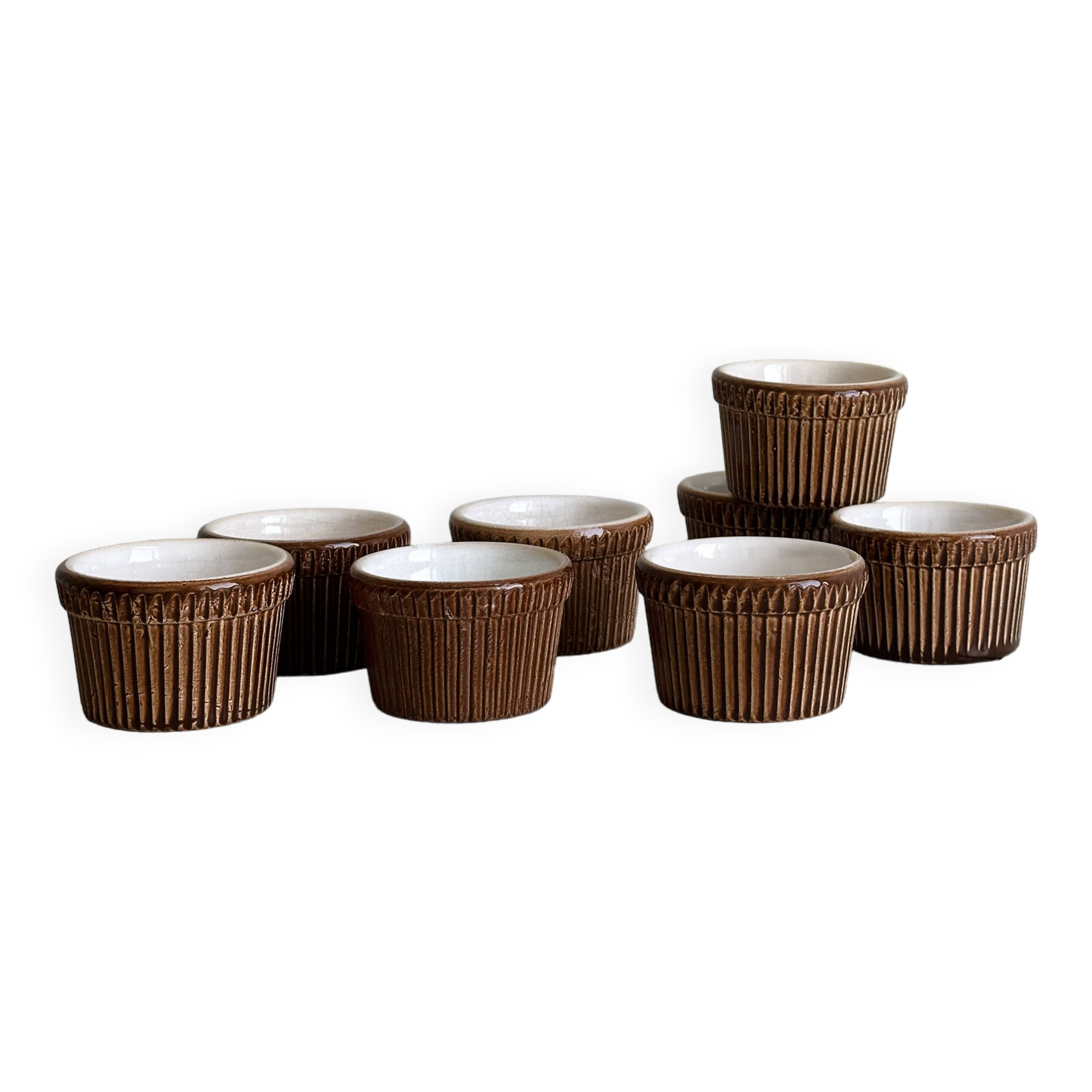 8 antique ceramic ramekins, brown finish