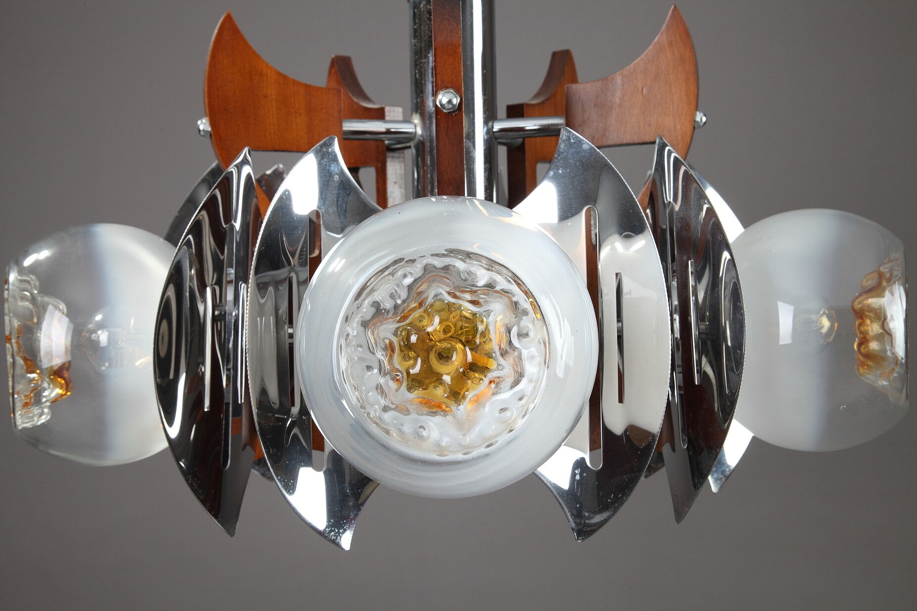 Mazzega chandelier in murano glass, chrome and wood, 1970's