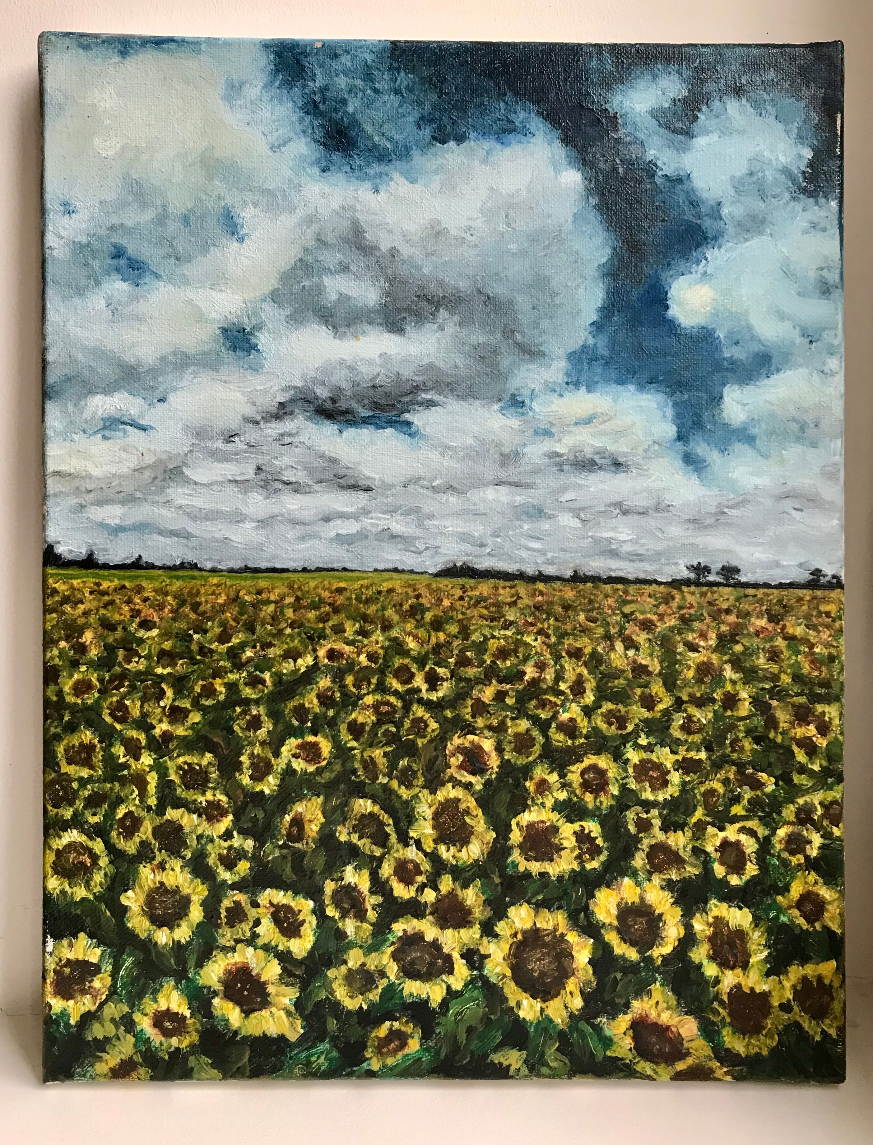 Painting oil on canvas vintage sunflower fields