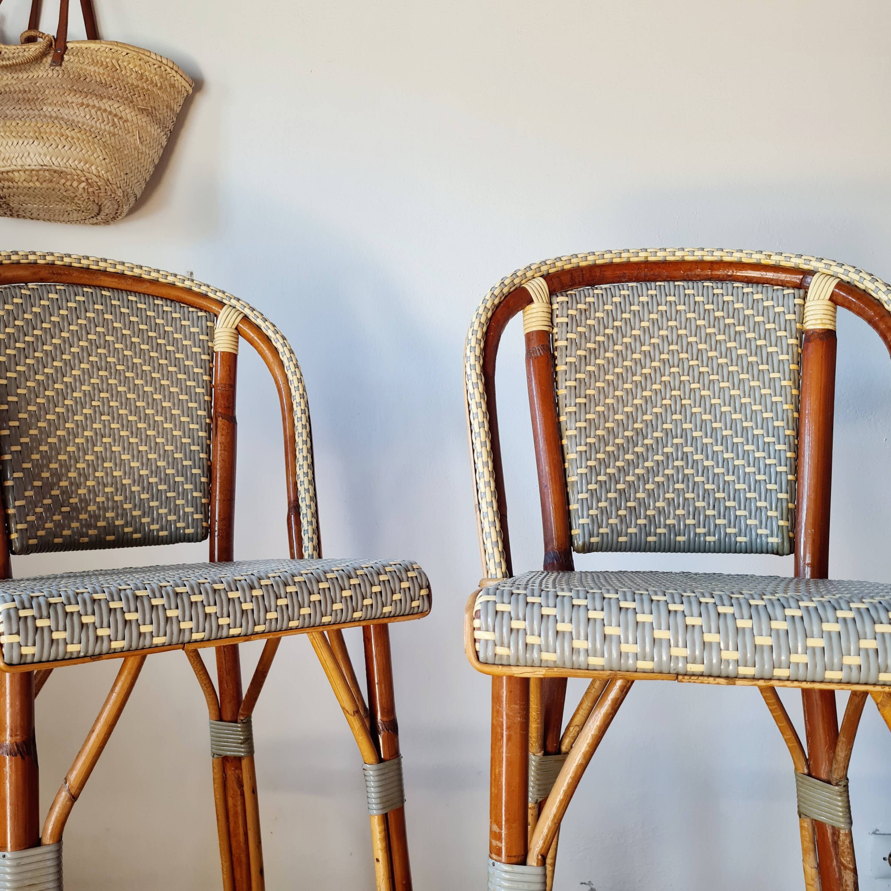 Vintage Gaty bar stools in two-tone rattan and caning.