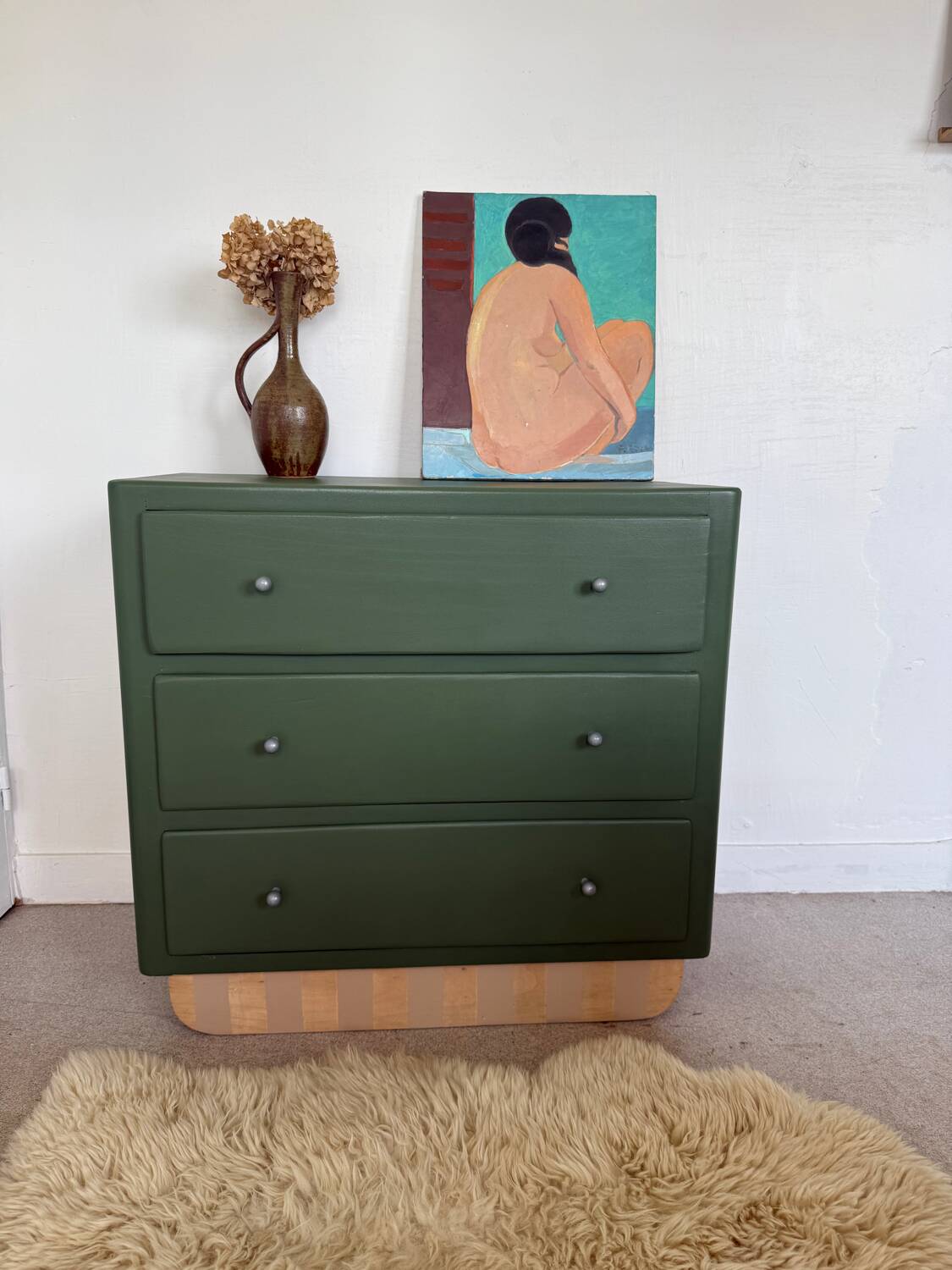 Vintage olive green chest of drawers with striped base