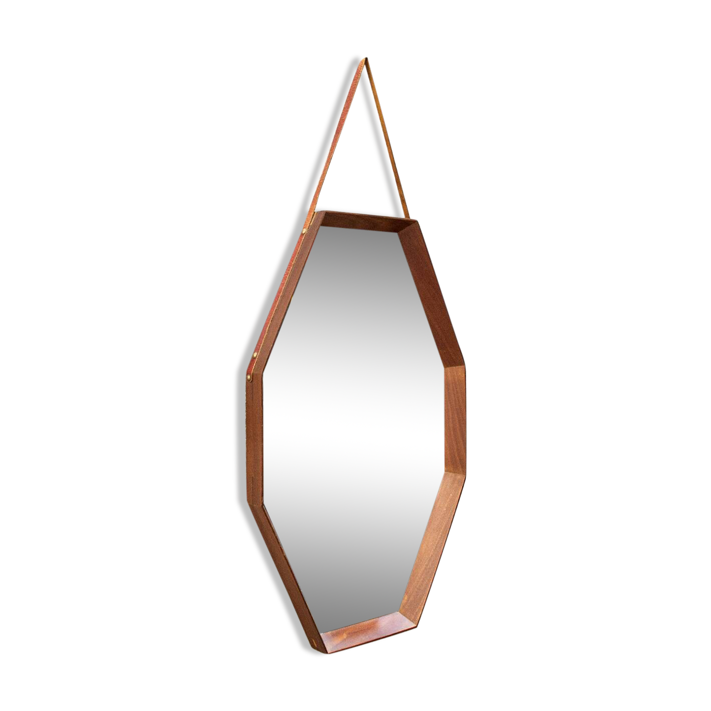 Specchio da parete ottagonale in legno massello e pelle, anni '50