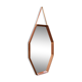 Miroir mural octogonal en bois massif et cuir, années 1950