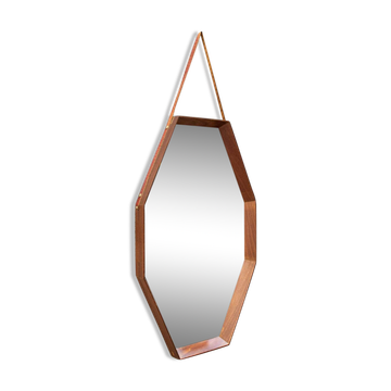 Specchio da parete ottagonale in legno massello e pelle, anni '50
