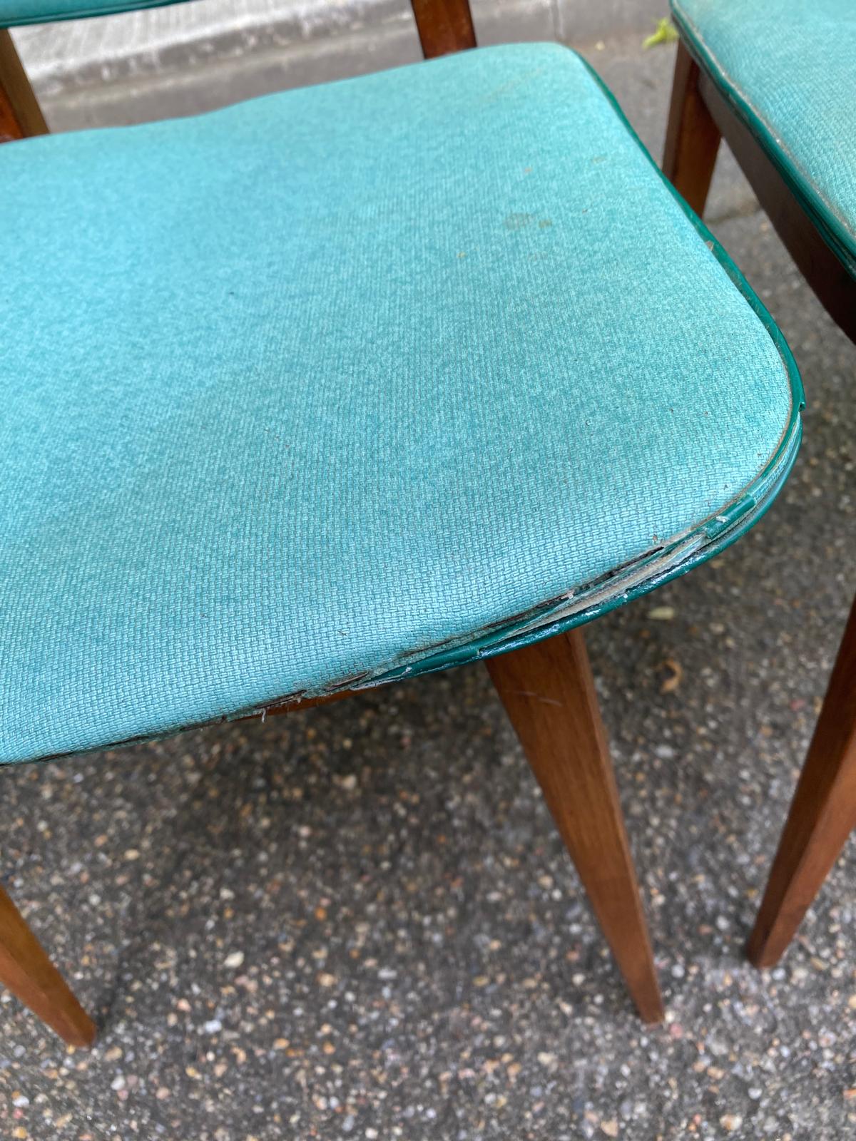 4 Scandinavian dining chairs in solid wood and blue-green leather from the 1950s.