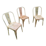 Set of 3 early 20th century patinated Tolix inspired bistro garden stacking chairs