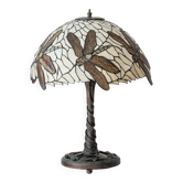 Art Nouveau Tiffany Style Table Lamp, Leaded Glass and Bronze, Dragonfly Motif