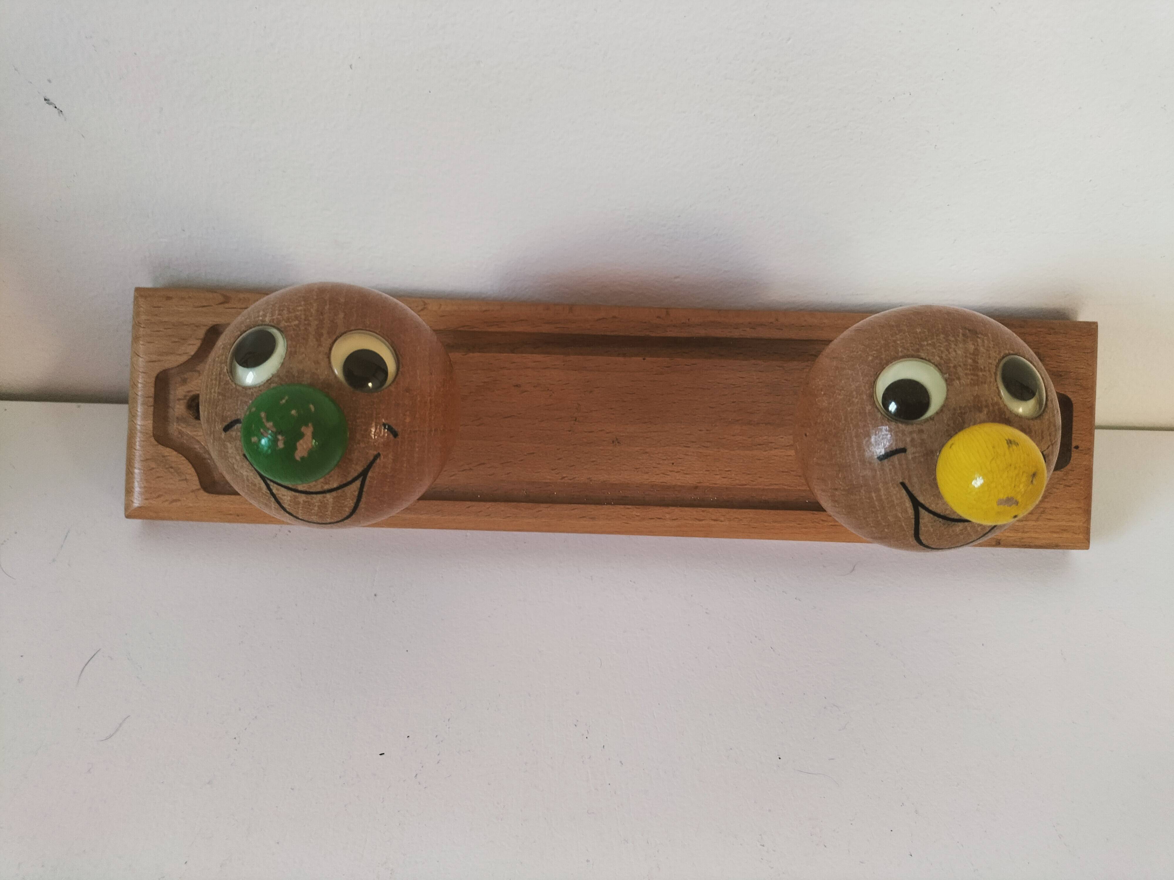 Vintage wooden children's coat rack - smiling heads hooks