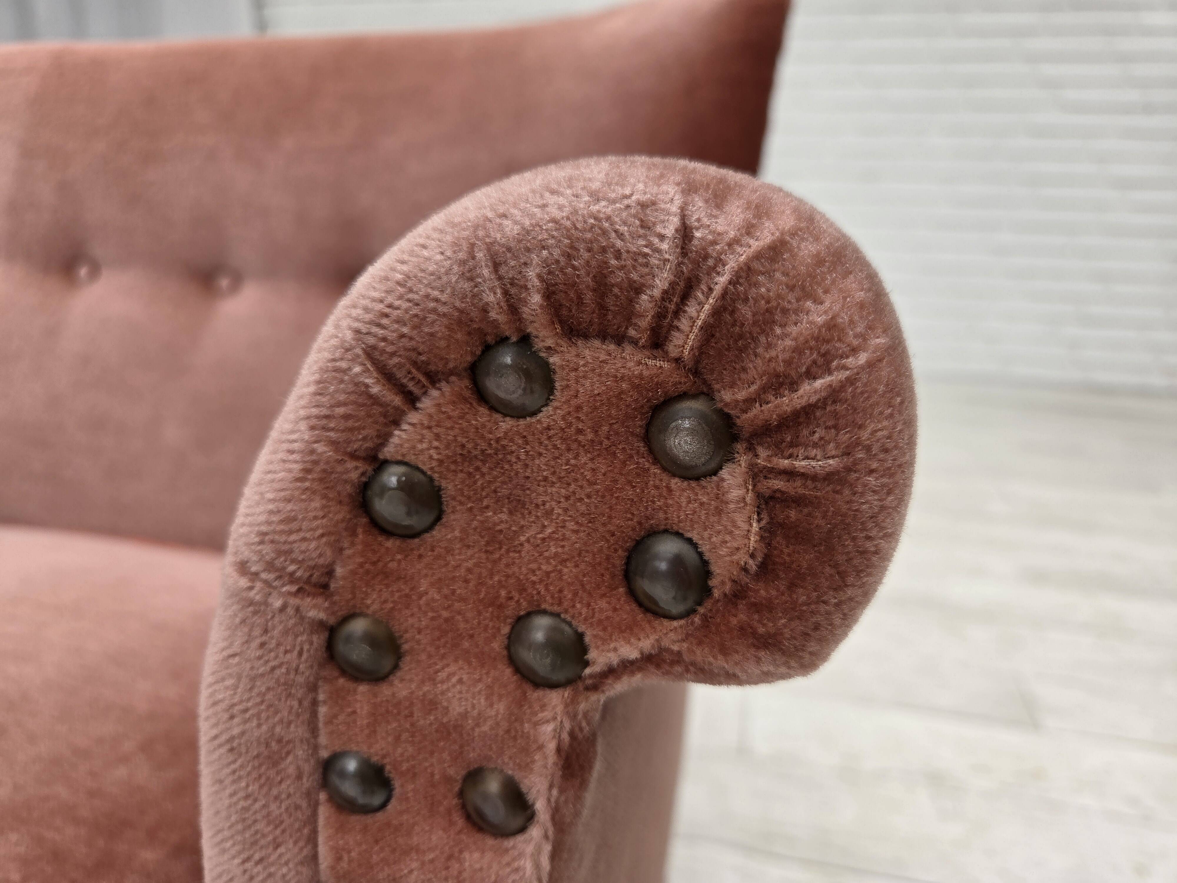 1970s, Danish 2-seater sofa, salmon pink furniture velour, beech wood.