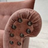 1970s, Danish 2-seater sofa, salmon pink furniture velour, beech wood.