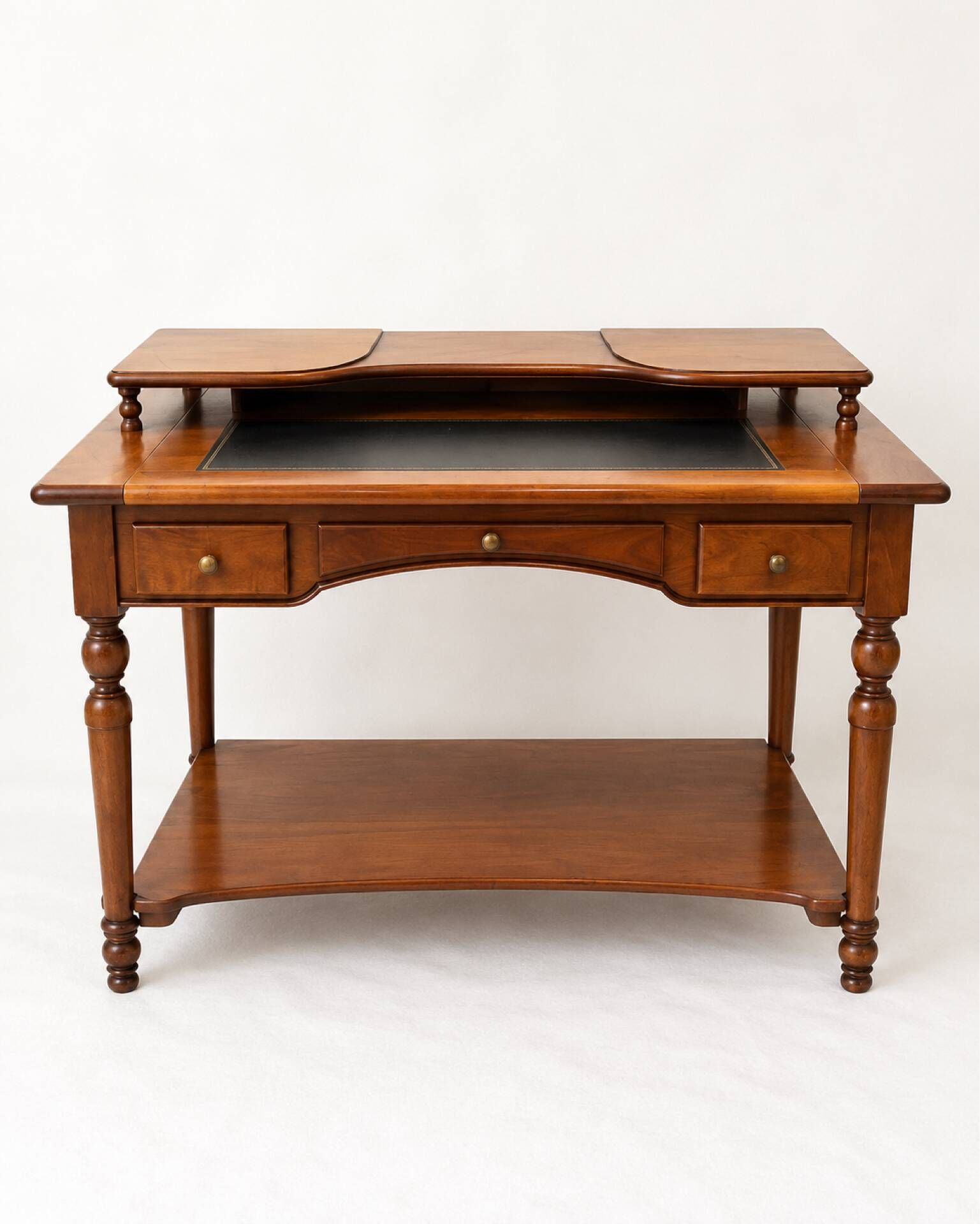 Bureau Directoire en merisier et cuir noir avec étagère