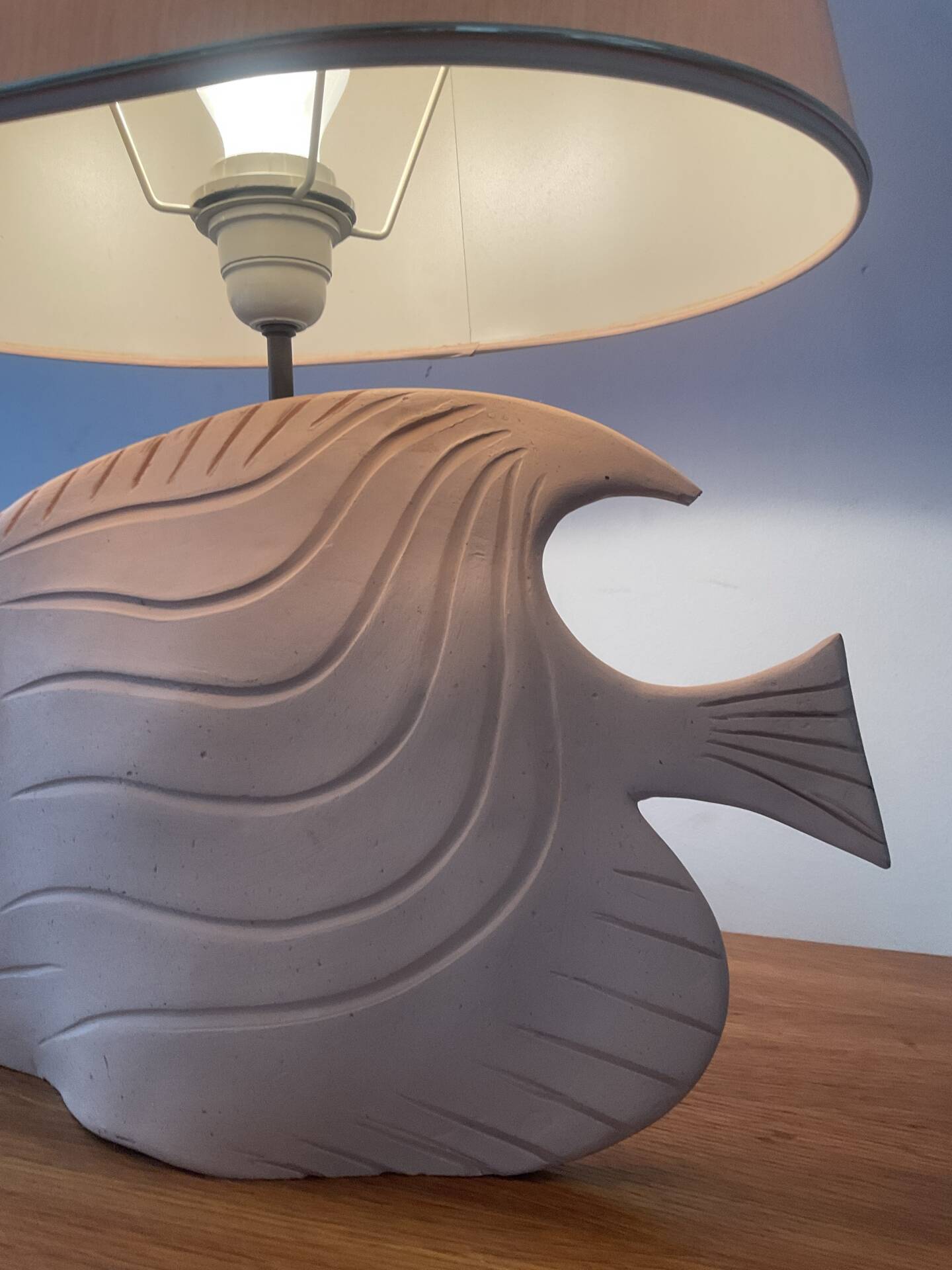 Vintage fish lamp in terracotta signed from the 1970s.