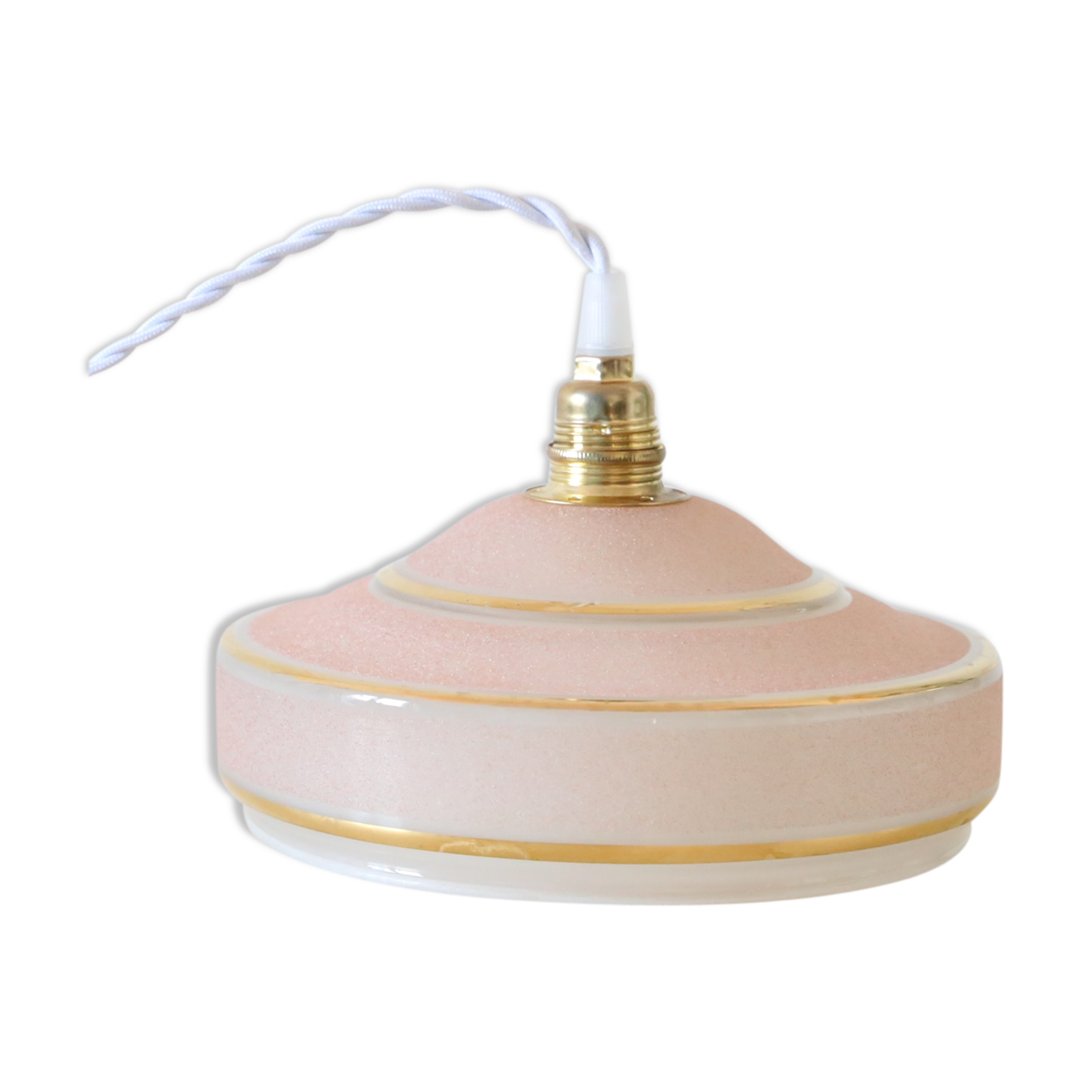 Hanging lamp in granite glass, pink and gold, vintage