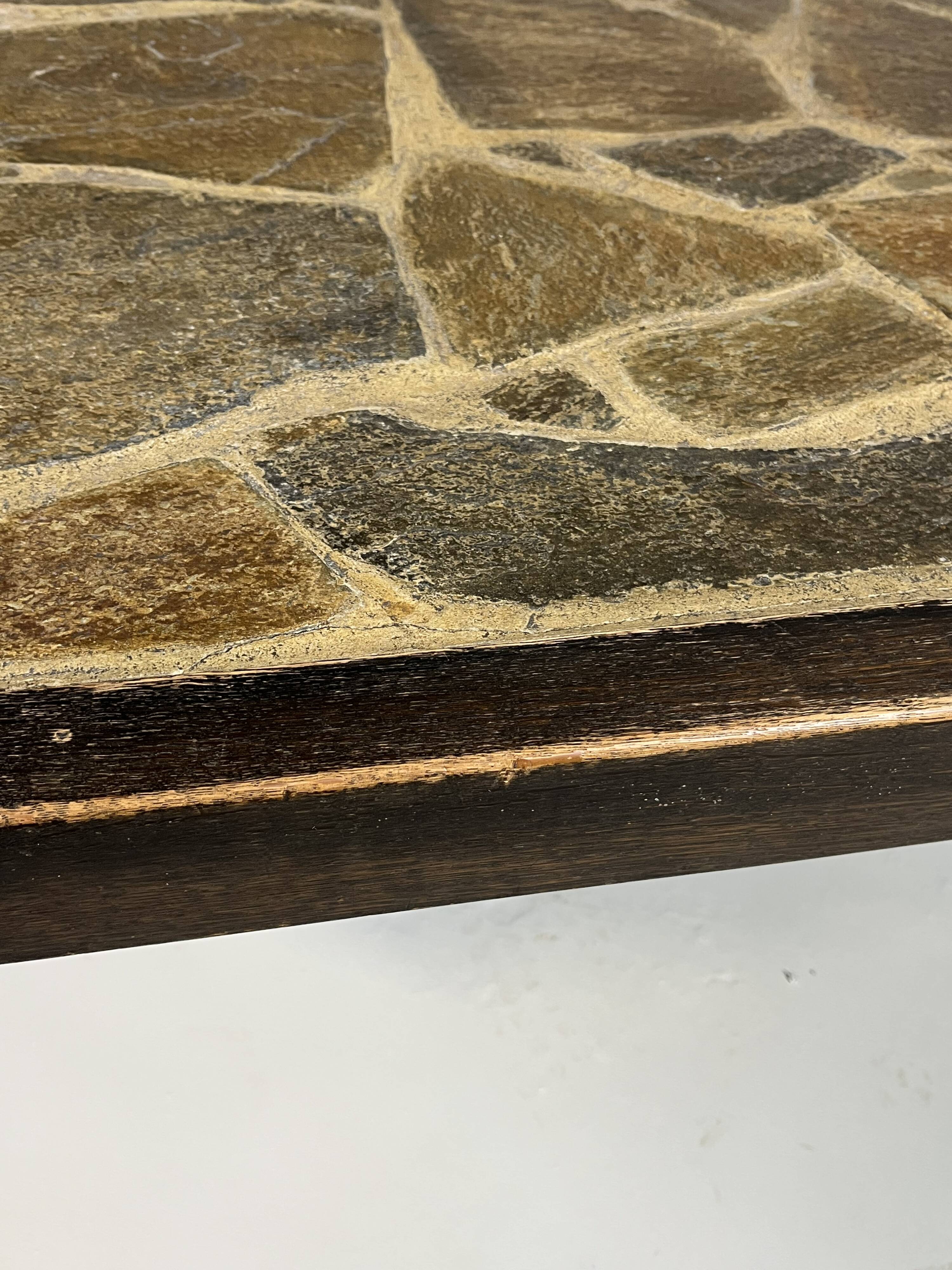 Large Brutalist Coffee Table in Oak and Stone Mosaic, 1960s