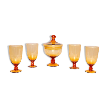 Set of four glasses and a sugar bowl Murano, Europe, 1960s