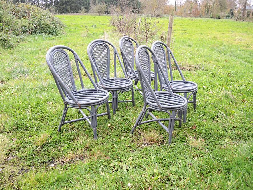 5 old rattan & gray cane chairs