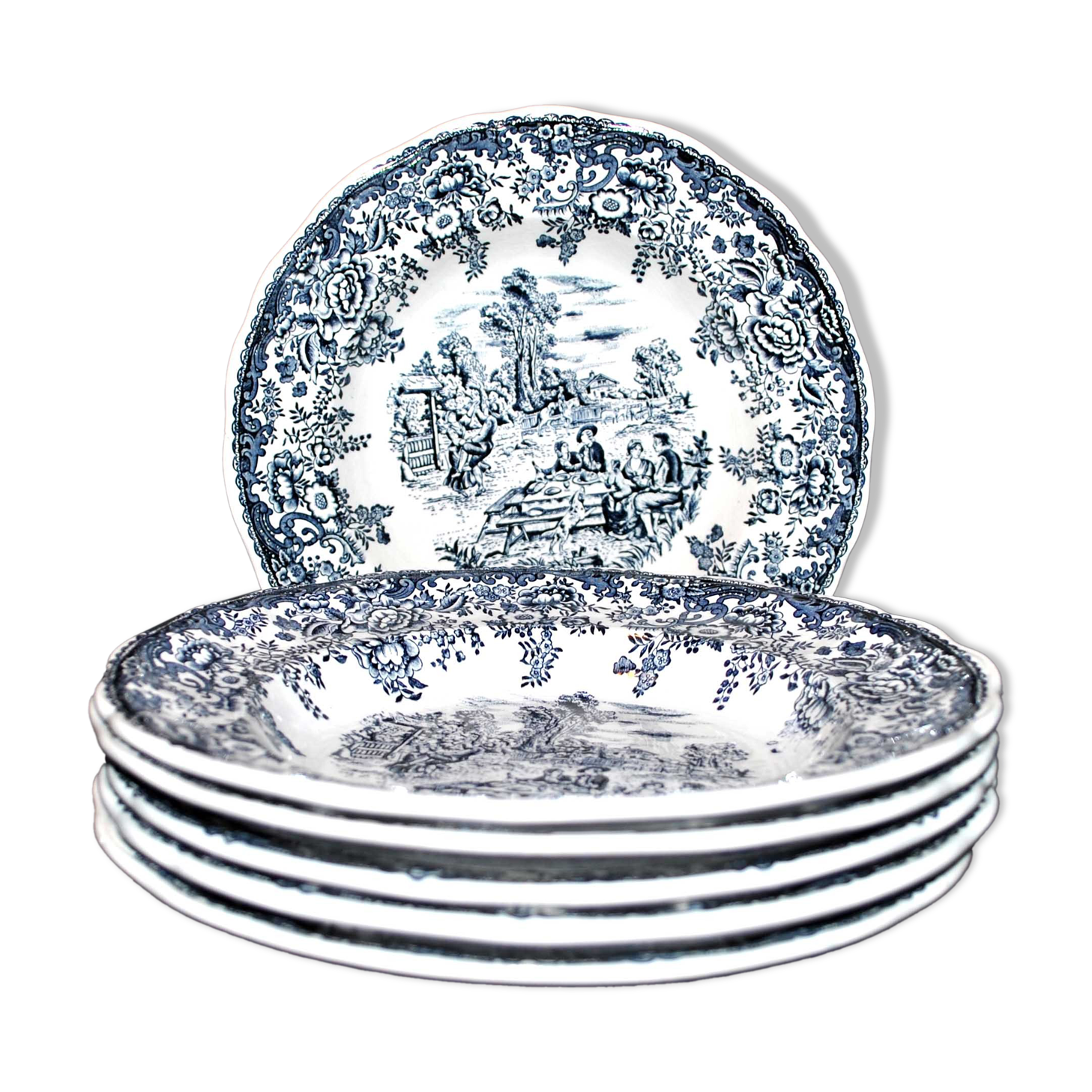 Series of 6 plates in Lunéville earthenware decoration English country - picnic in the countryside
