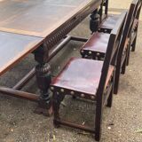 Antique table with 6 chairs and two armchairs in genuine leather