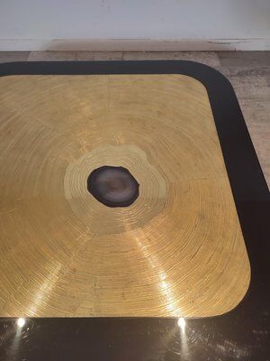 Brass coffee table engraved with blue stone by Agathe, 1987