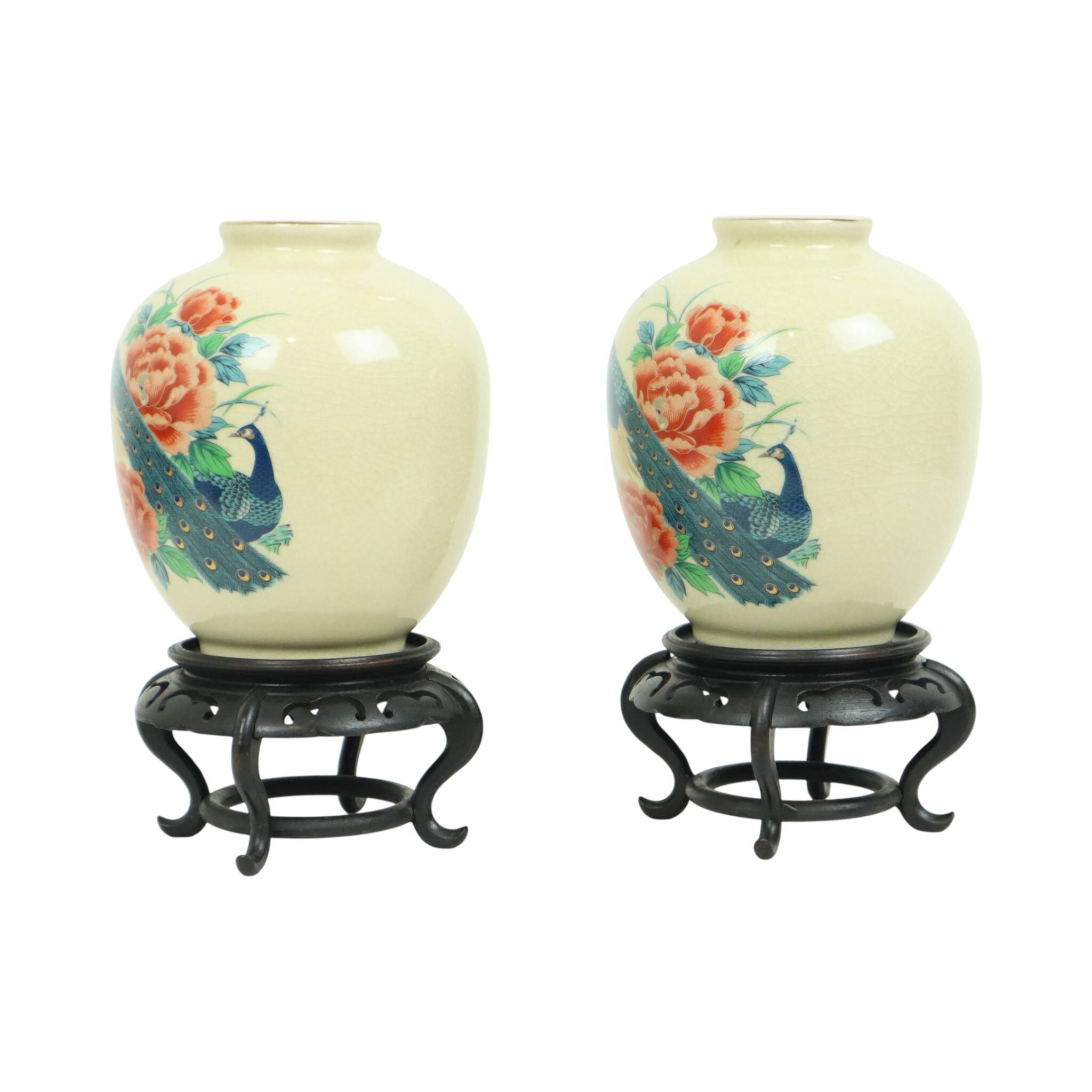 Pair of Japanese Vases Peacocks Flowers Crackle Ceramic 26cm