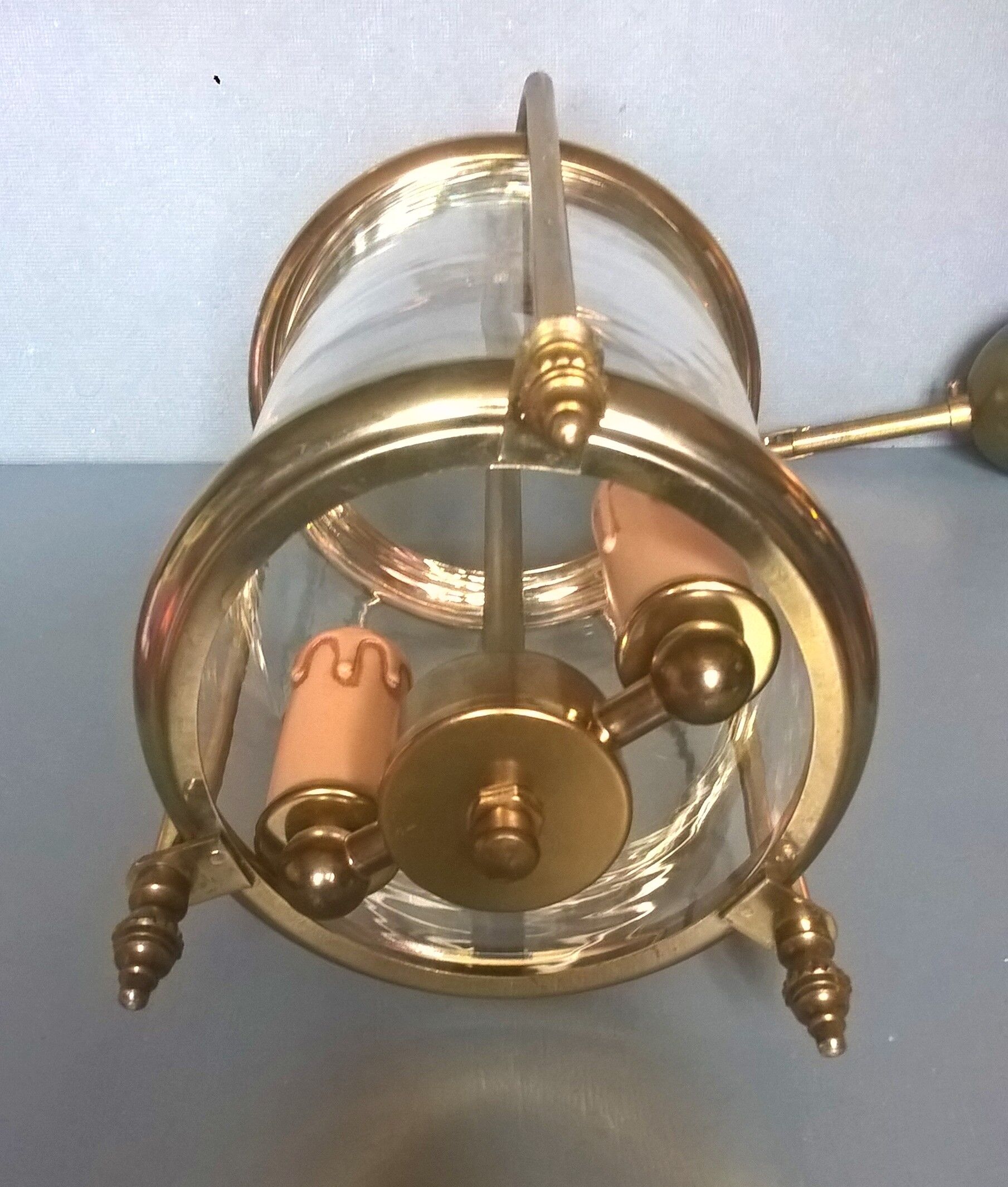 Lantern cage two lights translucent cylindrical glass and three-foot brass - classic style