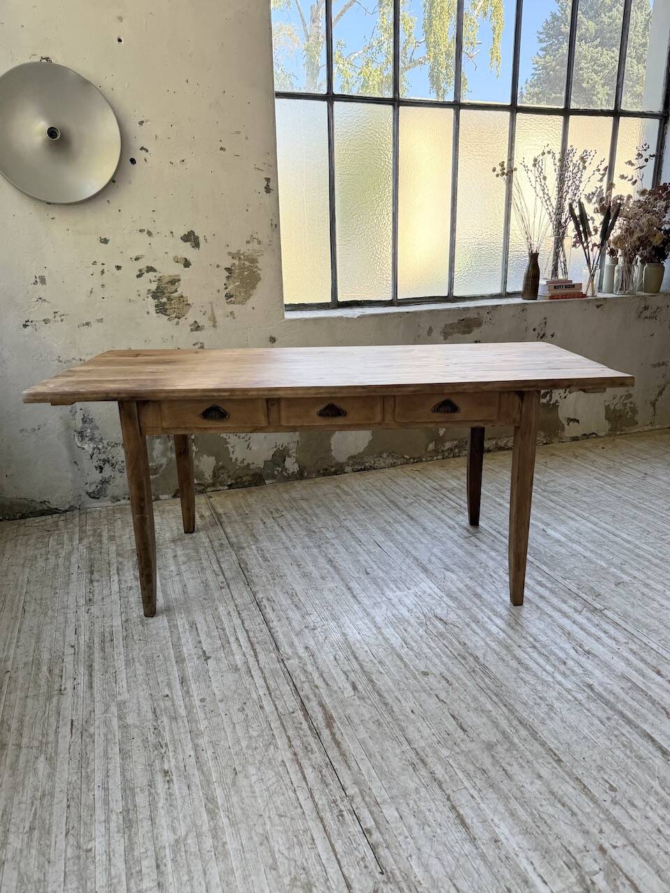 1950s pine and oak farmhouse table with multiple drawers