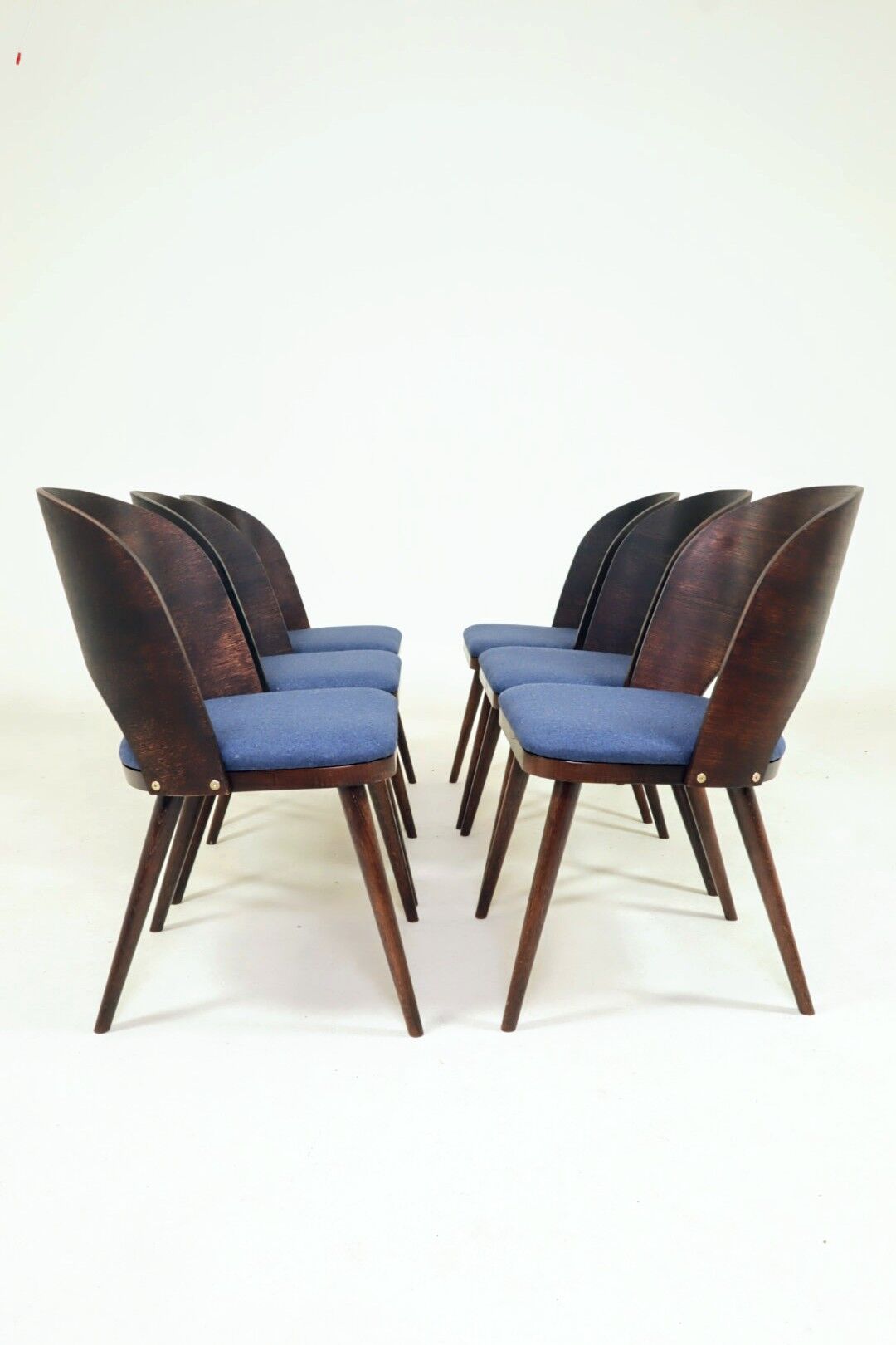 6 chaises de salle à manger vintage en chêne massif et en laine bleue