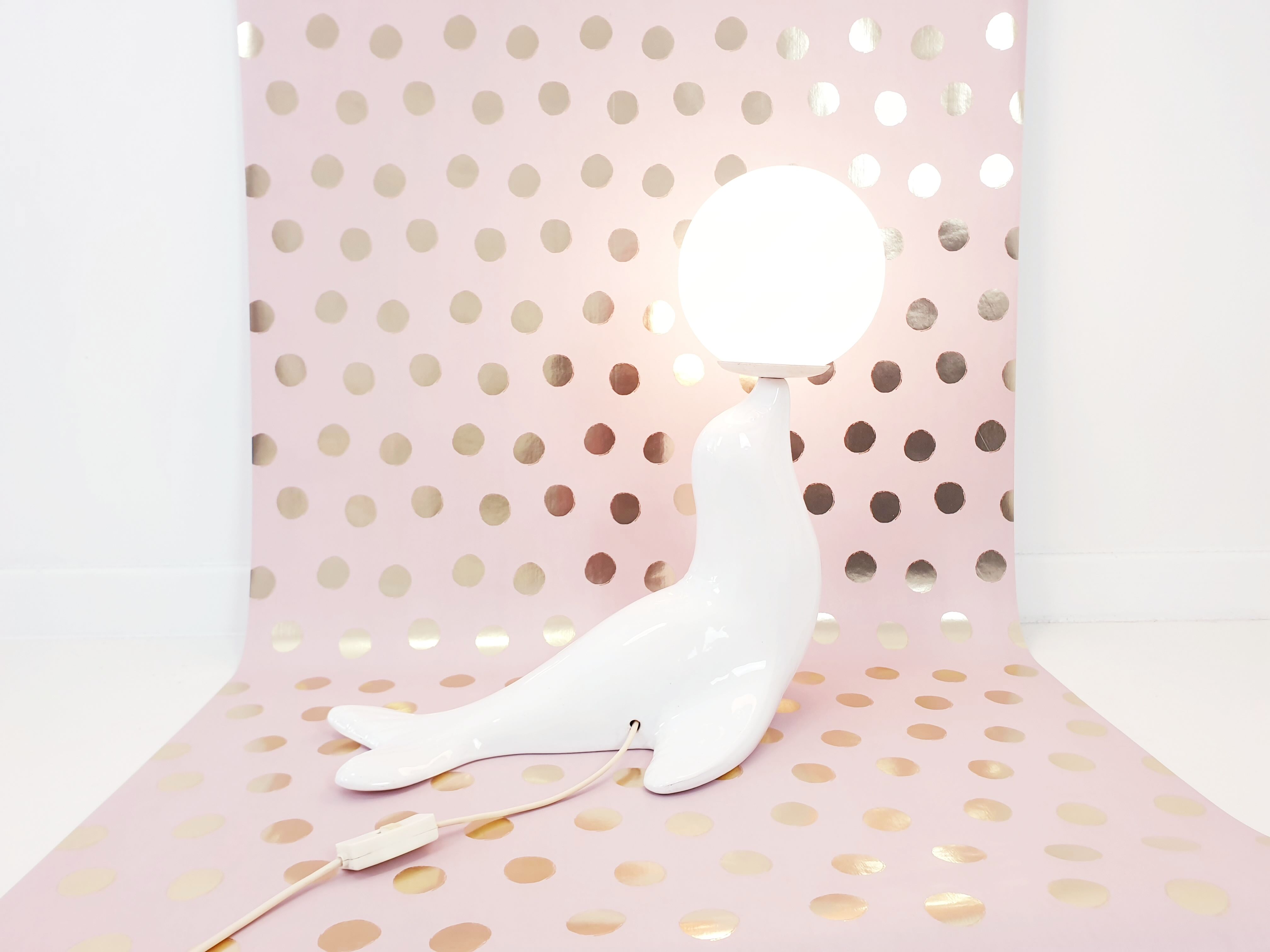 White sea lion lamp, ceramics and glass, circa 1980