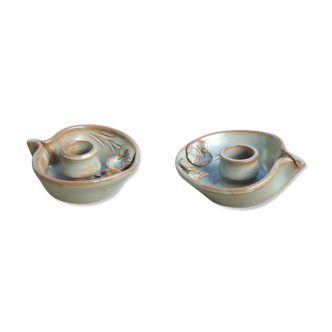 Pair of cellar rat candle holders in glazed sandstone