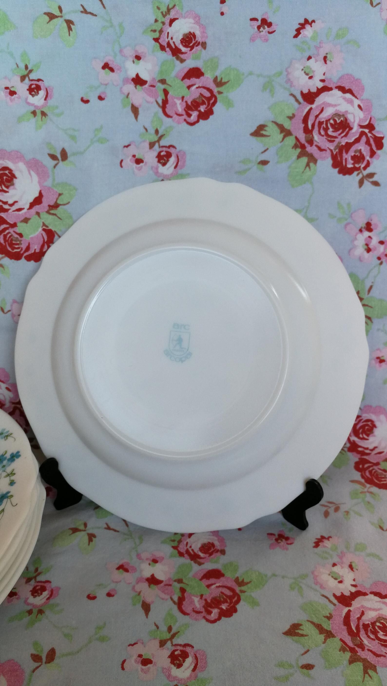 6 arcopal hollow plates veronica myosotis blue flowers 70s