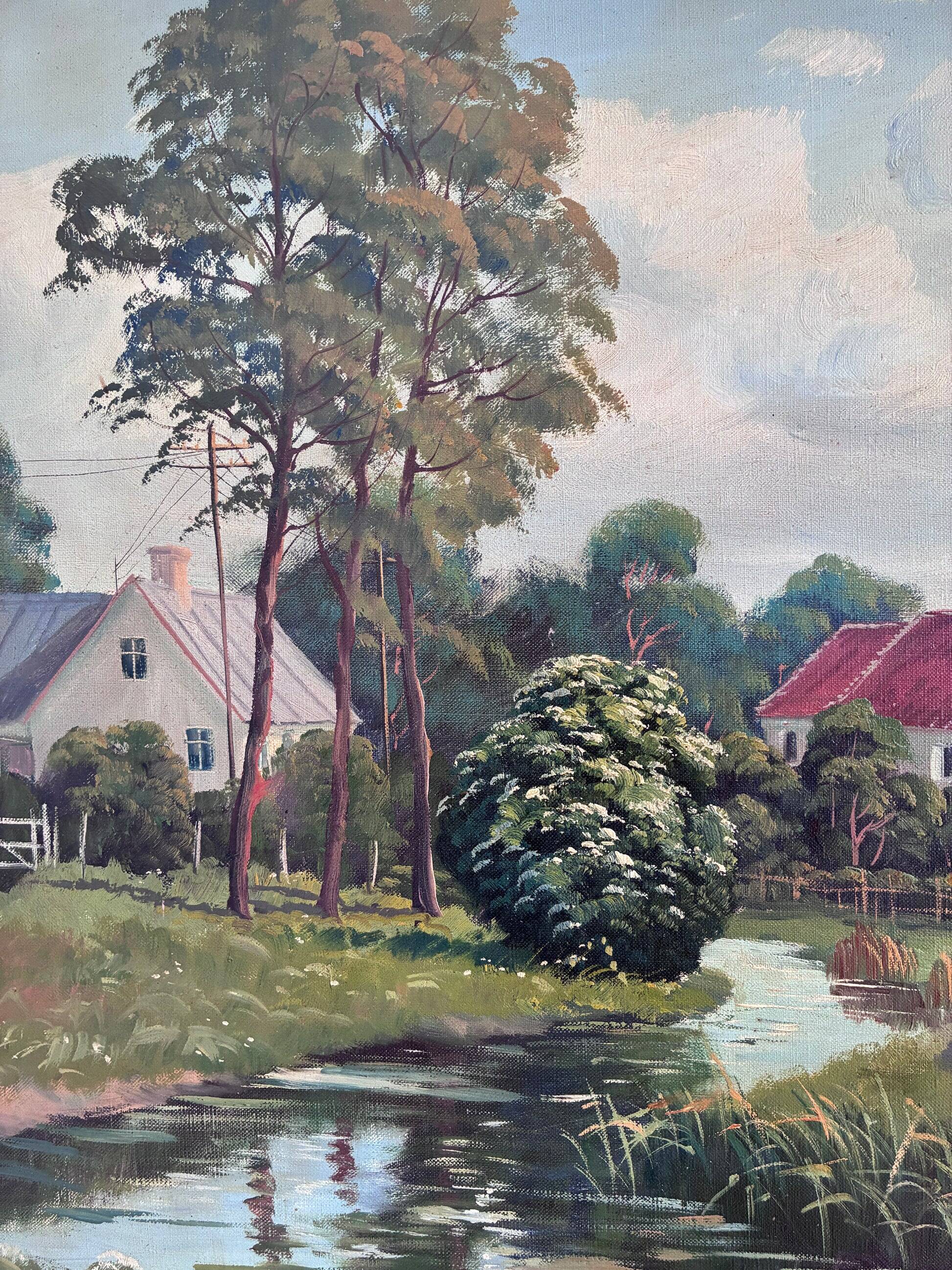 Vintage original large landscape oil painting, signed countryside art