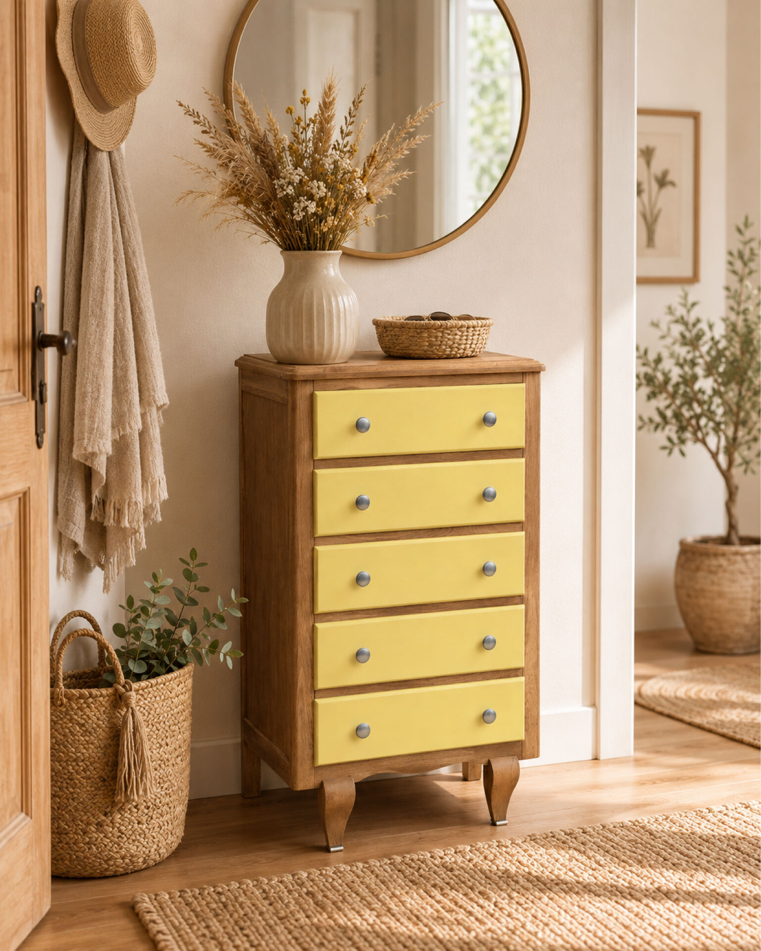 Chiffonnier art déco chêne brut et jaune