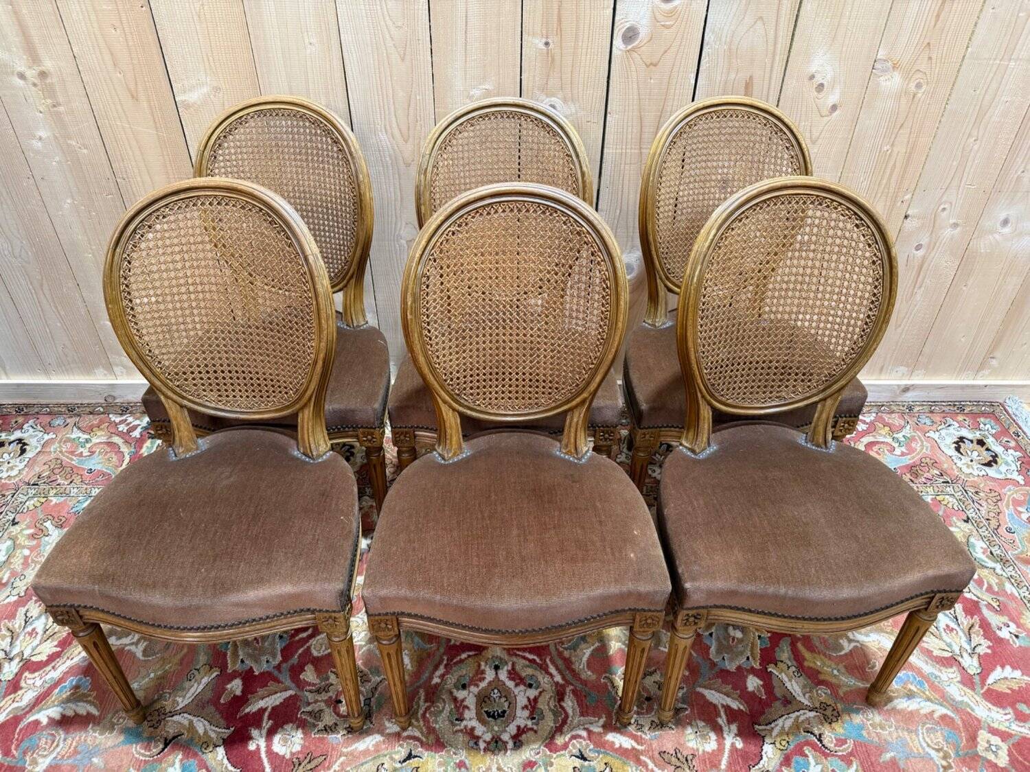 Set of 6 Louis XVI medallion chairs in wood and caning.