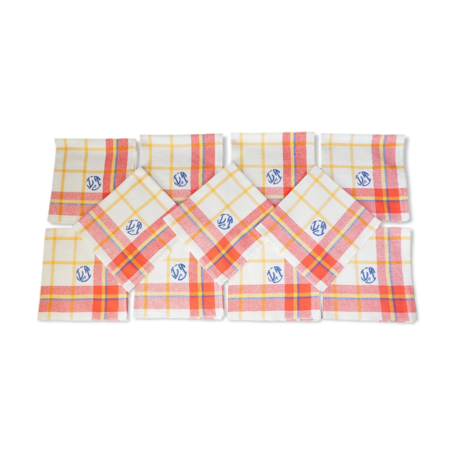 Old tablecloth and 11 towels crossed red blue
