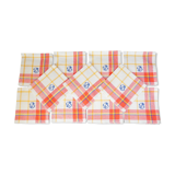Old tablecloth and 11 towels crossed red blue
