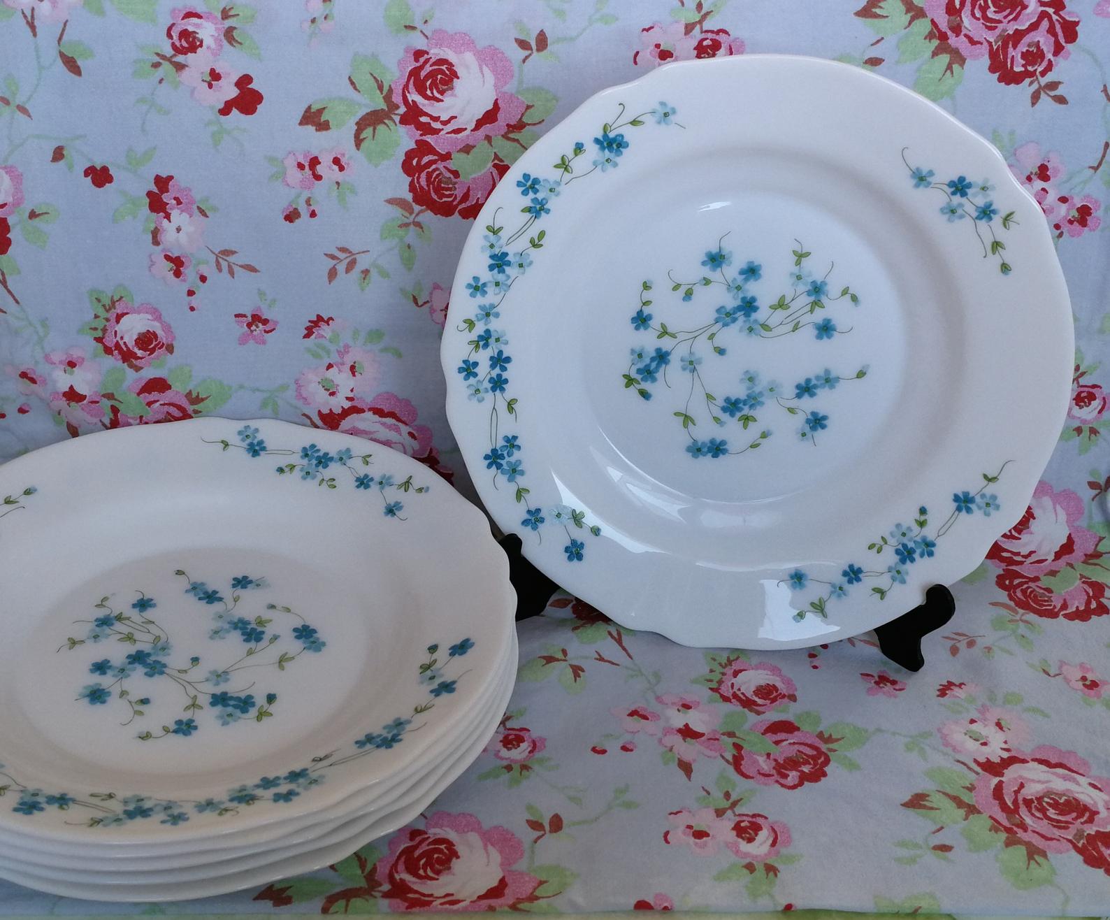 6 arcopal hollow plates veronica myosotis blue flowers 70s