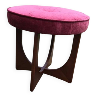 Mid-Century ottoman stool in teak with fuchsia padded seat — G-Plan (1960s)