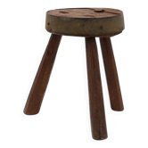 Tabouret tripode brutaliste en chêne massif et métal, France années 1850