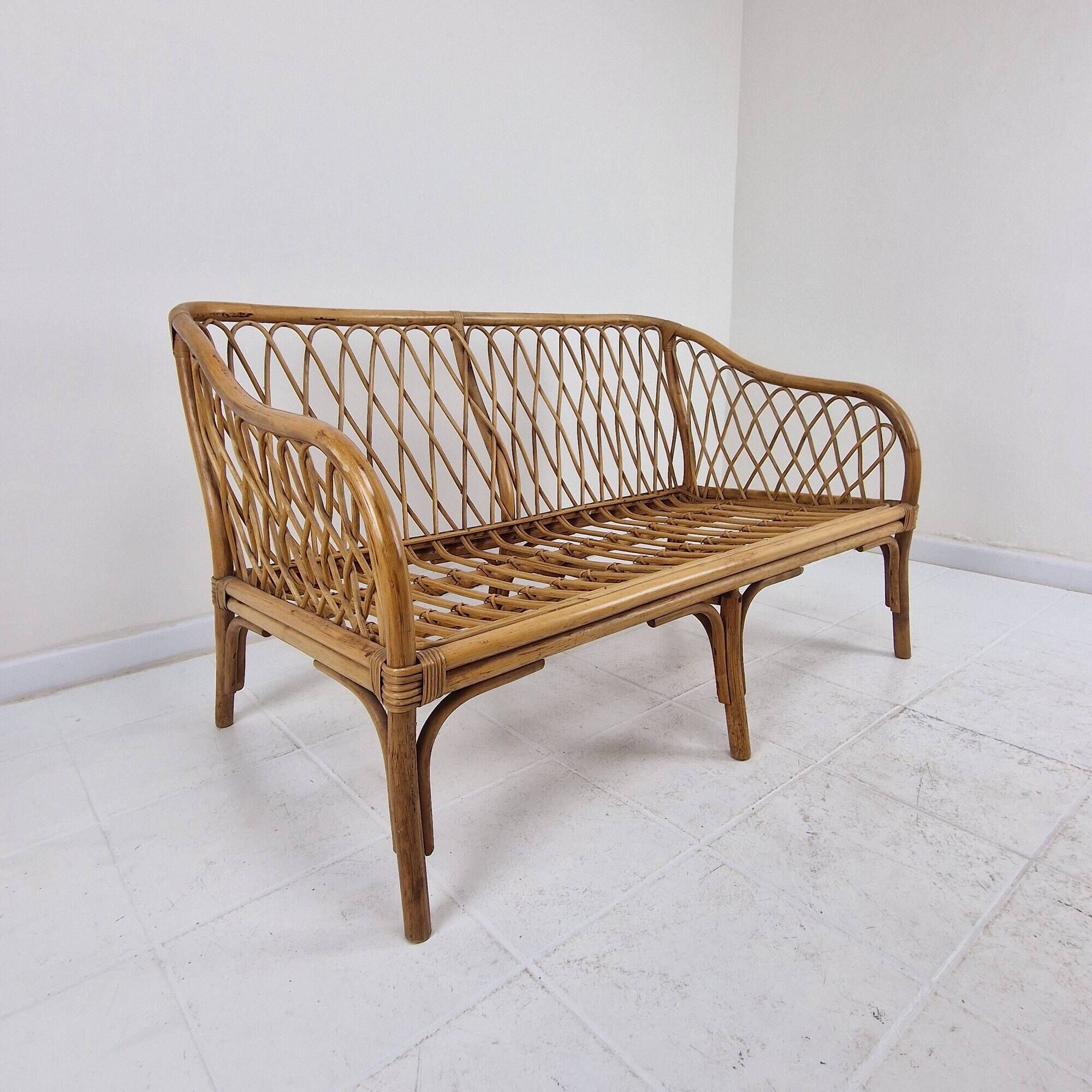 Mid-Century Italian Rattan & Bamboo Settee, ca. 1970