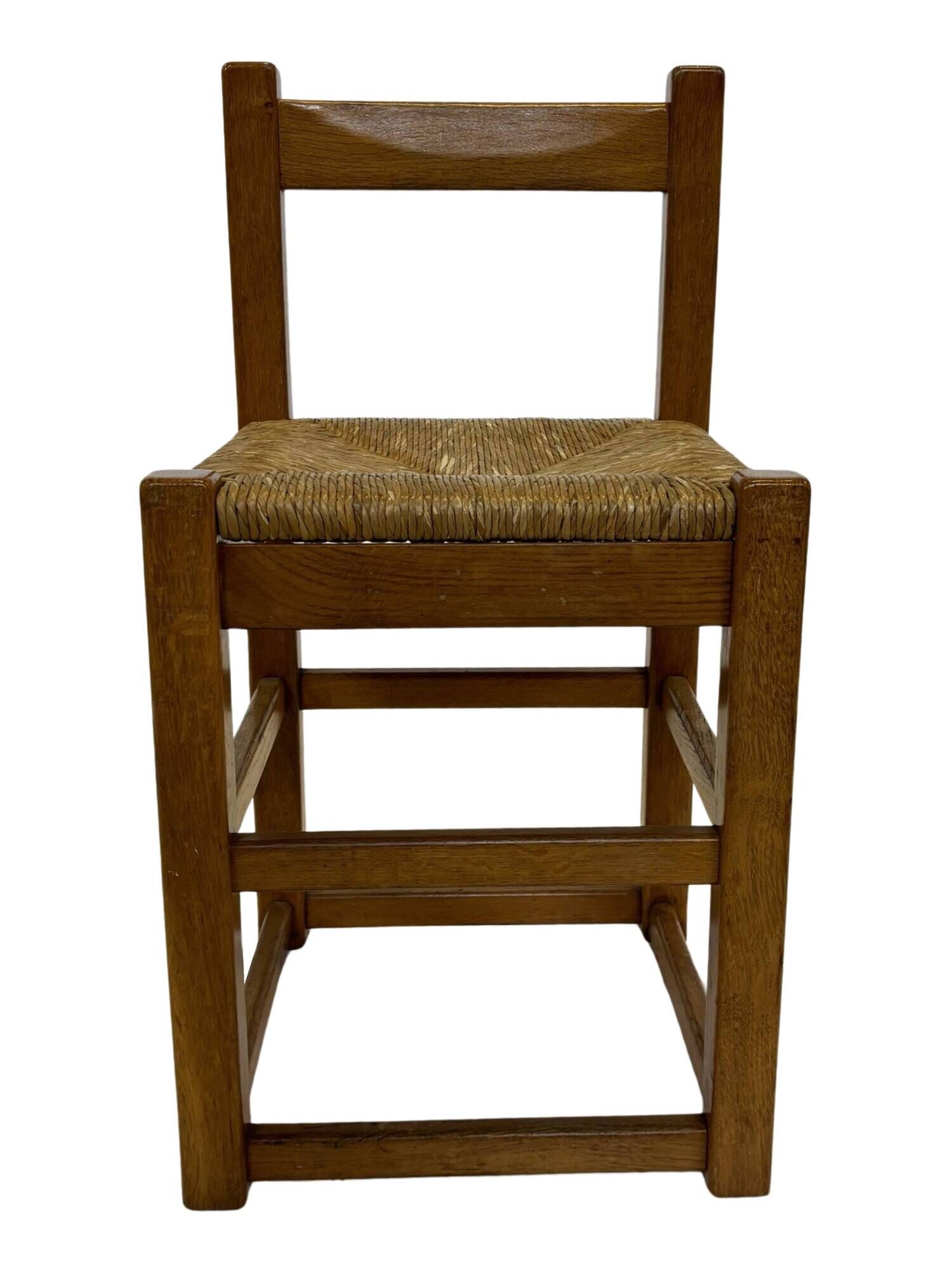 Set of four vintage chairs / stool - brutalist style minimalist oak and wicker 60s