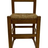 Set of four vintage chairs / stool - brutalist style minimalist oak and wicker 60s