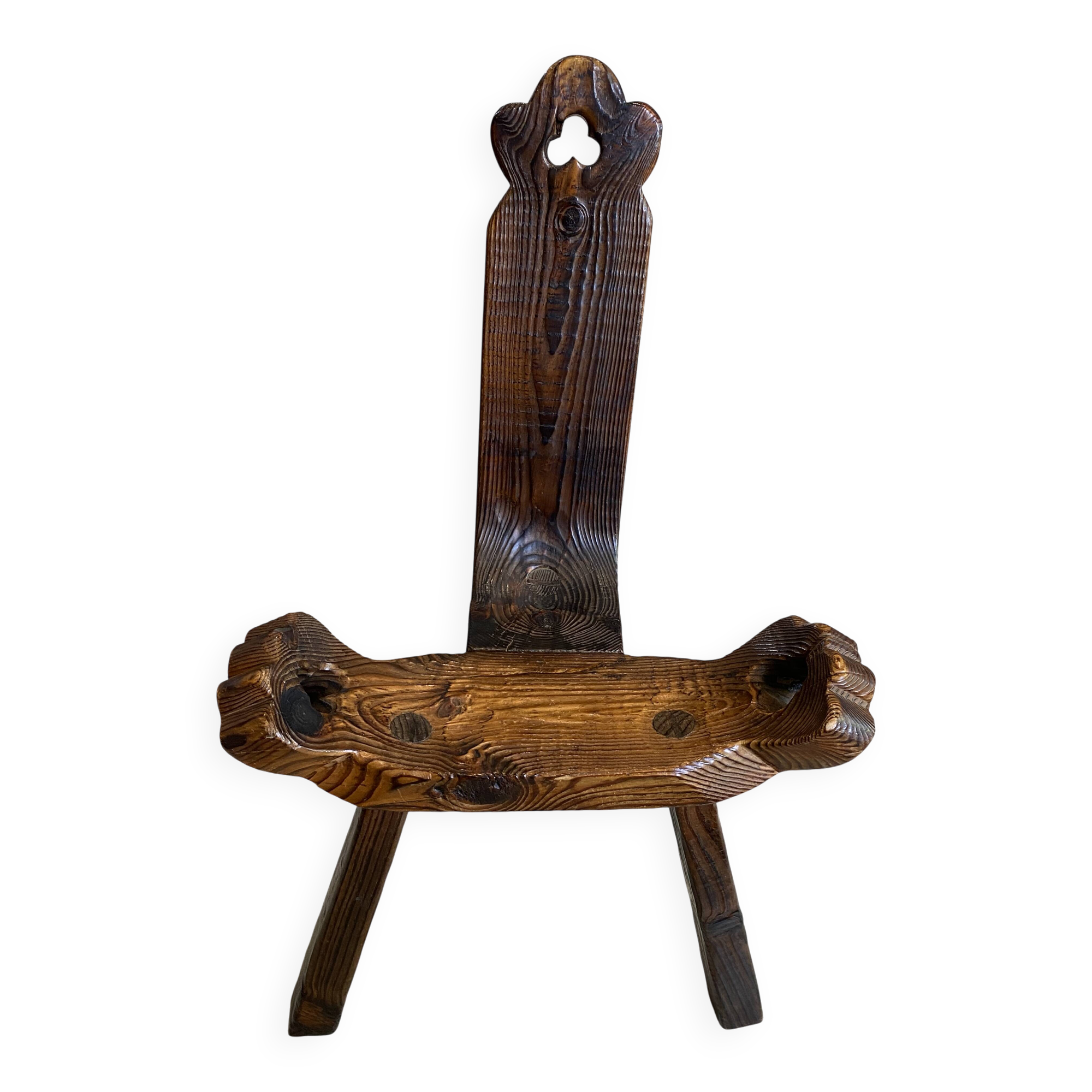 Brutalist tripod chair n2, carved solid wood, antique.
