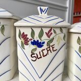 Trio of antique hand-painted ceramic pots (flour, sugar, coffee)