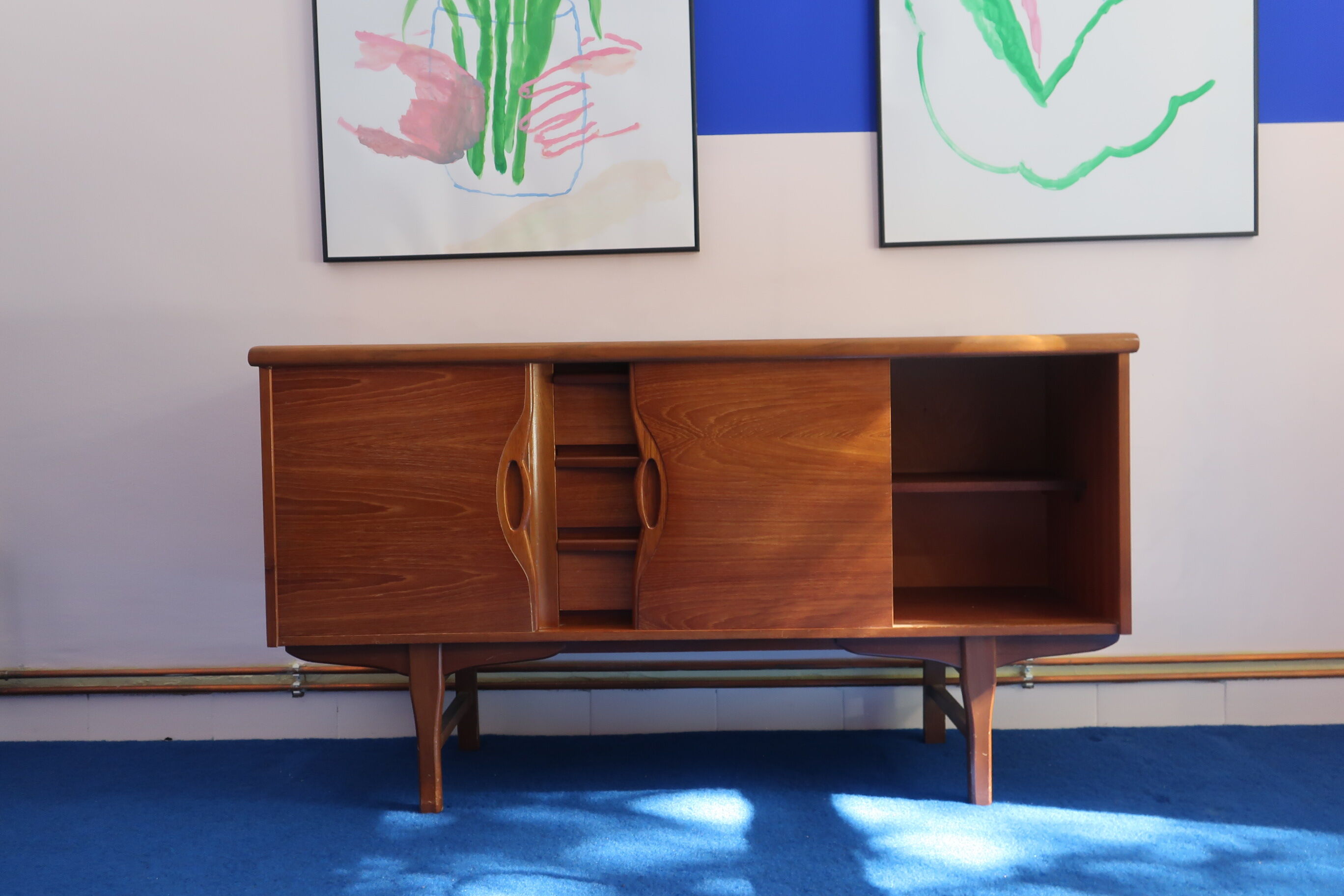 60s teak row, two sliding doors