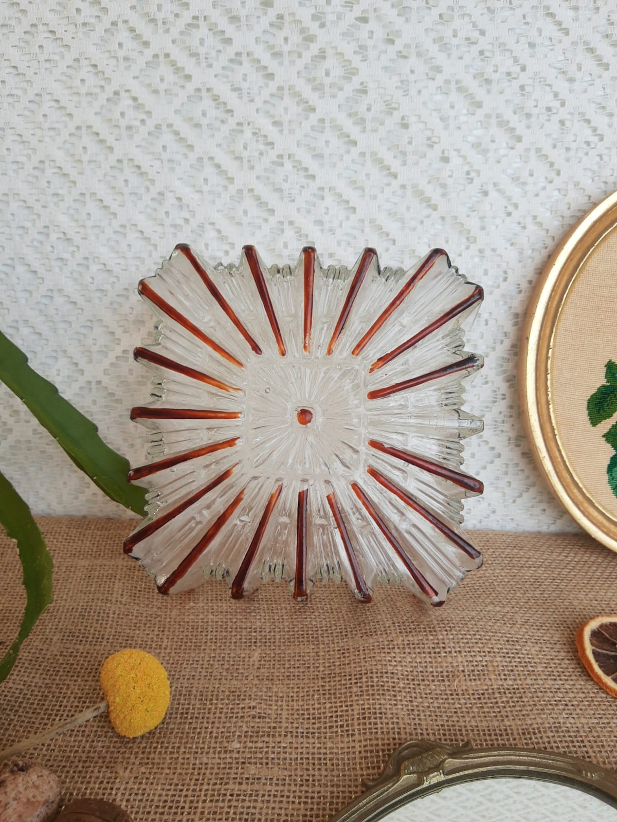 Ceiling lamp / wall lamp in molded glass two-tone square 70s