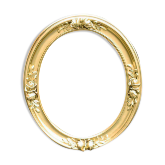 Delightful empty old gilded oval frame with carved wood and stucco flowers 63 x 53