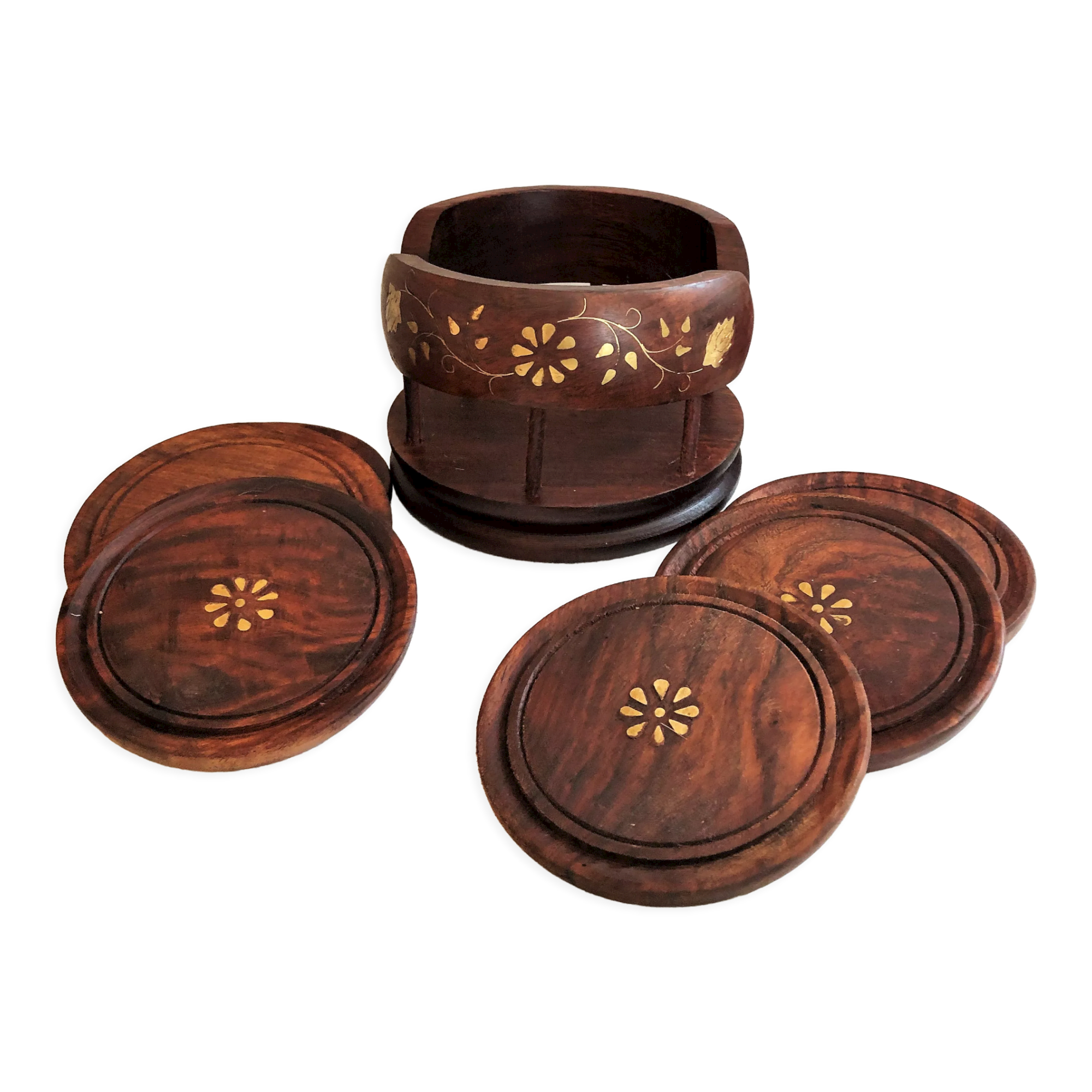Set of 6 coasters with wooden and brass holder